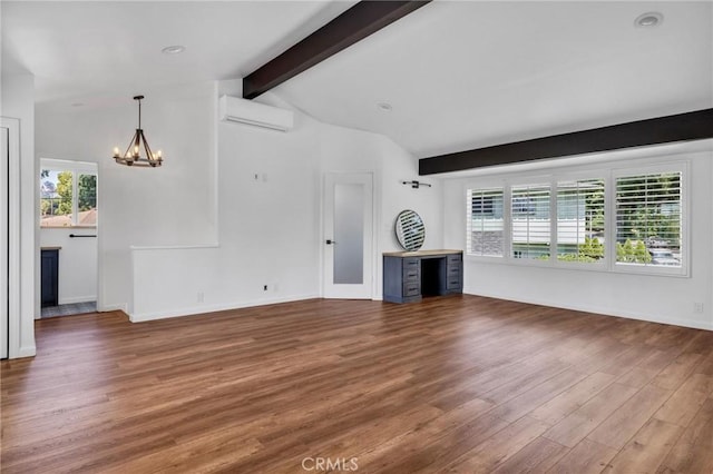 unfurnished living room with a wall mounted air conditioner, wood finished floors, vaulted ceiling with beams, baseboards, and a notable chandelier
