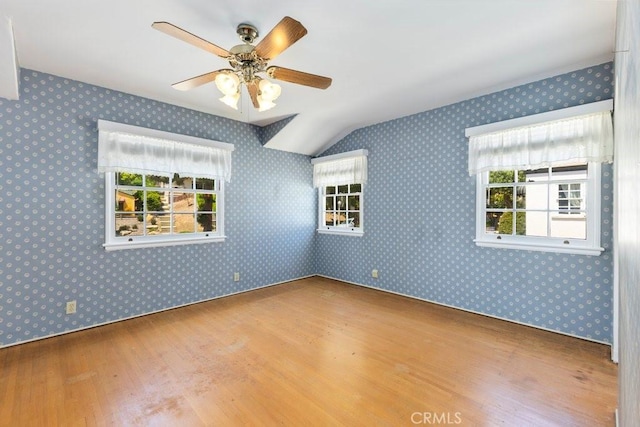 interior space featuring lofted ceiling, wood finished floors, and ceiling fan