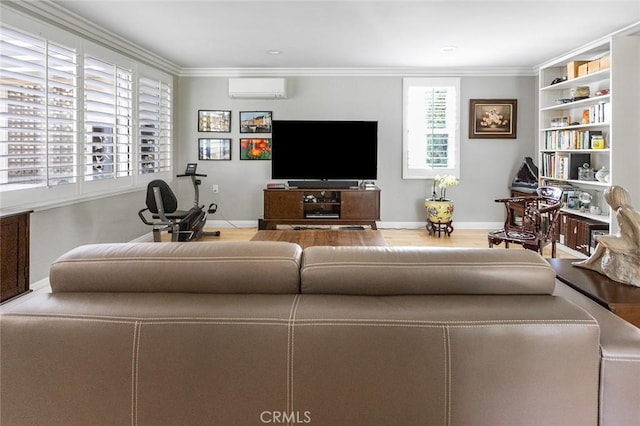114 Via Estrada Unit B, Laguna Woods, CA 92637 - living area with a wall mounted air conditioner, baseboards, ornamental molding, and wood finished floors