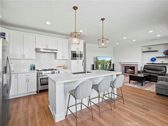 25626 Moore Ln, Stevenson Ranch, CA 91381 - kitchen with stainless steel appliances, a sink, under cabinet range hood, light wood-type flooring, and white cabinets