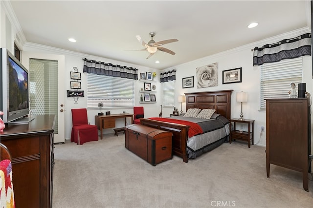 bedroom with recessed lighting, a ceiling fan, light colored carpet, and ornamental molding