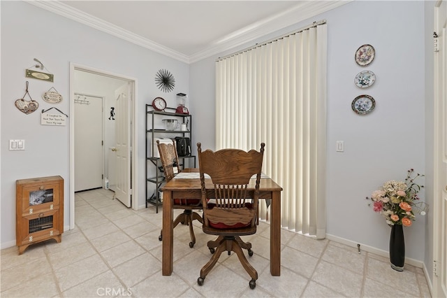 dining room with light tile patterned floors, baseboards, and ornamental molding