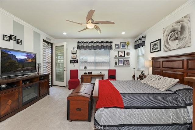 bedroom with recessed lighting, access to exterior, light colored carpet, and ornamental molding