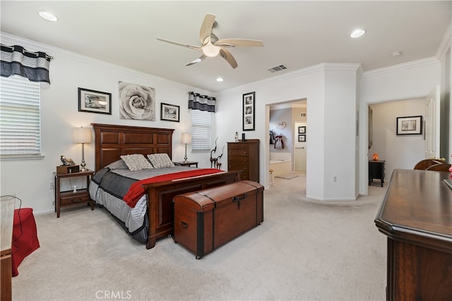 bedroom featuring recessed lighting, visible vents, light colored carpet, and ornamental molding