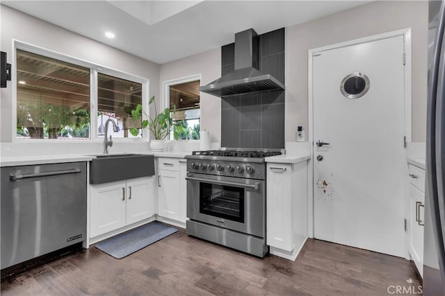 kitchen with dark wood-style floors, wall chimney exhaust hood, a sink, and appliances with stainless steel finishes