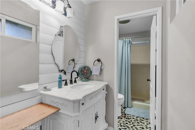 full bathroom featuring toilet, a shower stall, and vanity
