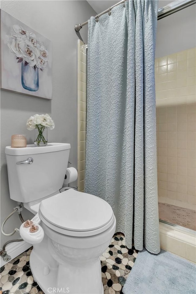 bathroom with toilet and a stall shower