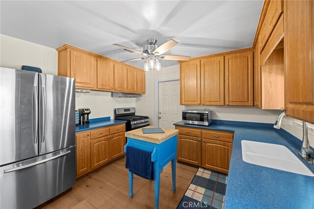 kitchen featuring light wood finished floors, under cabinet range hood, a ceiling fan, a sink, and appliances with stainless steel finishes