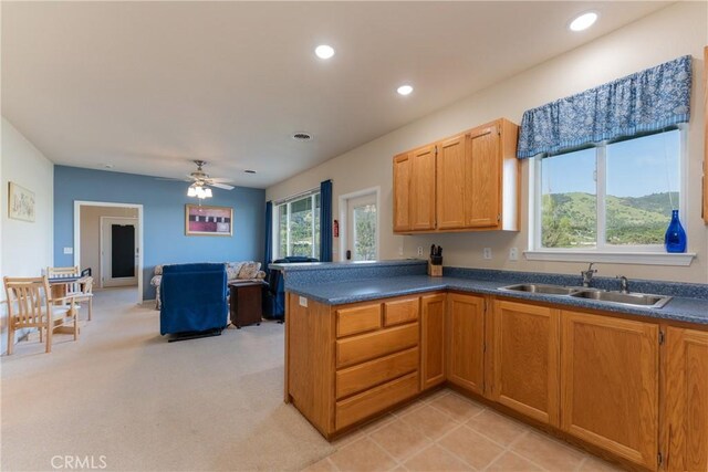 kitchen featuring a peninsula, a wealth of natural light, a ceiling fan, and a sink