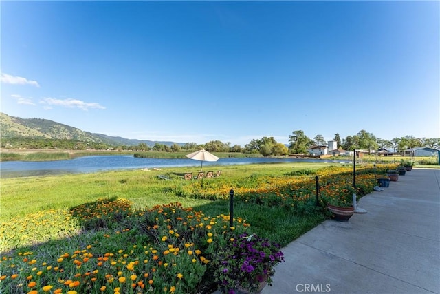 view of community featuring a water and mountain view