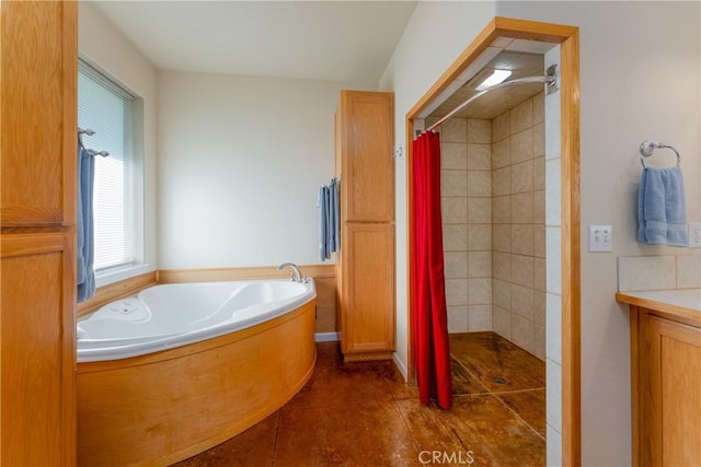 2260 Lakeshore Blvd, Upper Lake, CA 95485 - bathroom featuring a tile shower, a bath, tile patterned flooring, and vanity