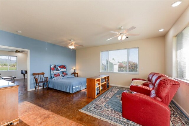 bedroom with baseboards, recessed lighting, and ceiling fan
