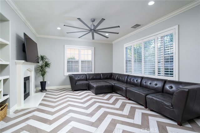 living area featuring a ceiling fan, visible vents, recessed lighting, and built in features