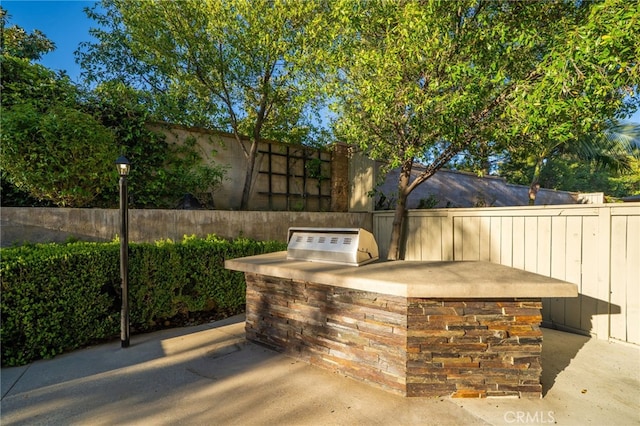 view of patio featuring exterior kitchen and a fenced backyard