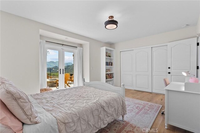 25174 Mulholland Hwy, Calabasas, CA 91302 - bedroom featuring access to exterior, a mountain view, french doors, a closet, and light wood-style flooring