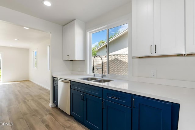 8751 Odessa Ave, North Hills, CA 91343 - kitchen with stainless steel dishwasher, blue cabinetry, plenty of natural light, and recessed lighting