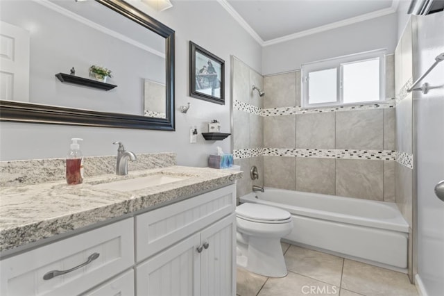 bathroom featuring tile patterned floors, bathing tub / shower combination, toilet, vanity, and ornamental molding