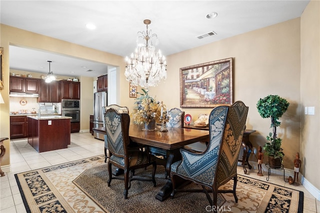dining area with light tile patterned floors, an inviting chandelier, baseboards, visible vents, and recessed lighting