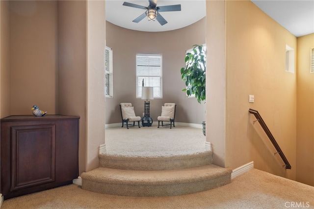 stairs with a ceiling fan, carpet, and baseboards