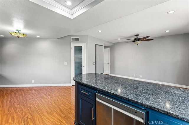 kitchen with stainless steel dishwasher, a ceiling fan, blue cabinets, visible vents, and recessed lighting