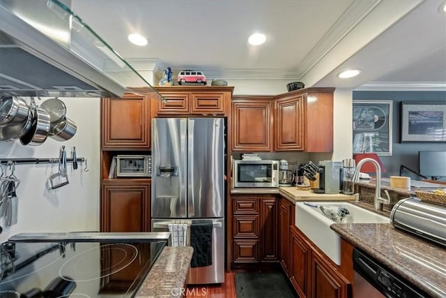 kitchen with appliances with stainless steel finishes, a sink, crown molding, recessed lighting, and dark wood-style flooring