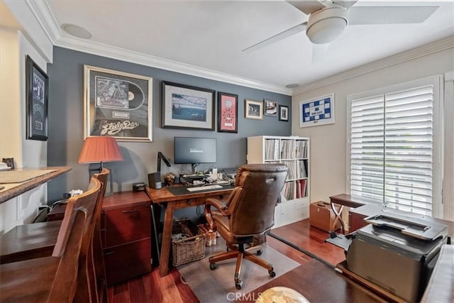 office space featuring wood finished floors, crown molding, and ceiling fan