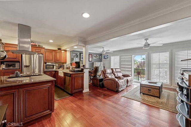 kitchen with stainless steel appliances, ceiling fan, crown molding, island range hood, and open floor plan