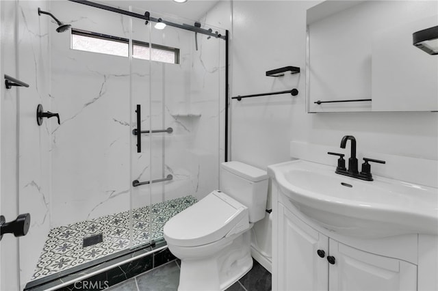 2766 Rippling Brook Pl, Ontario, CA 91761 - bathroom with toilet, a marble finish shower, marble look tiles, and vanity