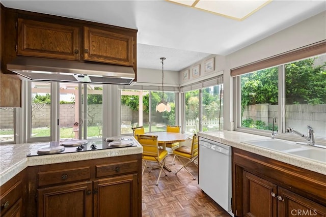 kitchen with white dishwasher, light countertops, under cabinet range hood, and a sink