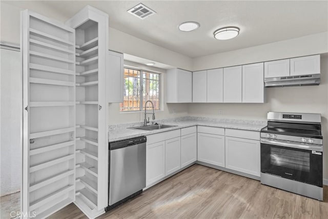 603 S Palm Ave Unit A, Hemet, CA 92543 - kitchen featuring under cabinet range hood, appliances with stainless steel finishes, a sink, and light countertops