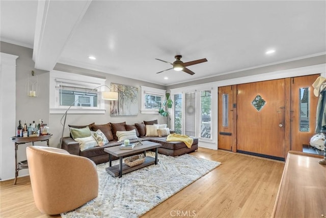524 Walnut Ave, Long Beach, CA 90802 - living area with ornamental molding, a ceiling fan, light wood finished floors, and recessed lighting