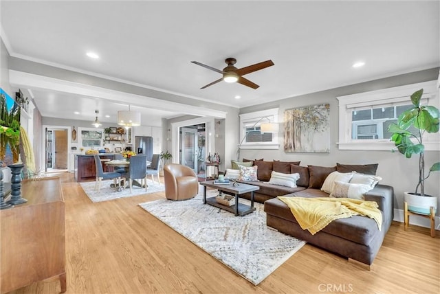 524 Walnut Ave, Long Beach, CA 90802 - living room featuring recessed lighting, ornamental molding, light wood finished floors, and a ceiling fan