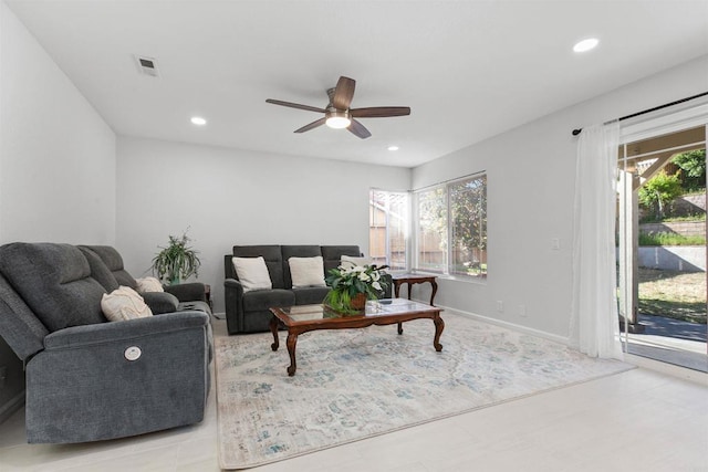 10954 Cool Lake Ter, San Diego, CA 92128 - living room featuring a ceiling fan, a healthy amount of sunlight, visible vents, and recessed lighting