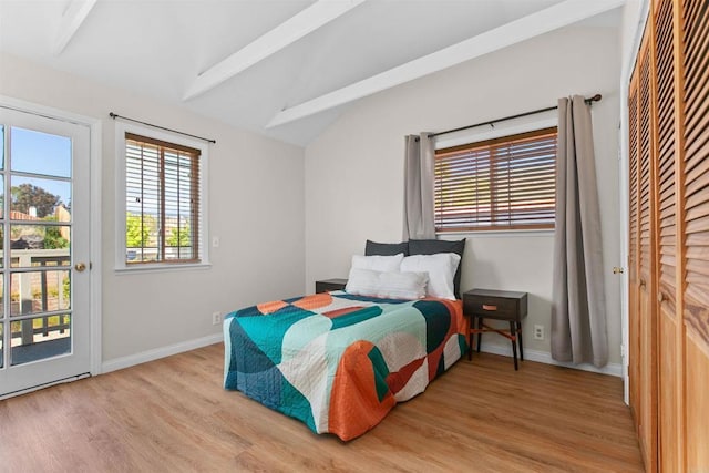 10954 Cool Lake Ter, San Diego, CA 92128 - bedroom featuring wood finished floors, baseboards, and lofted ceiling with beams