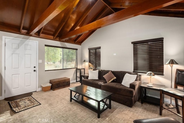 living area featuring high vaulted ceiling, baseboards, and beamed ceiling
