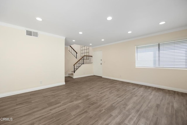 10508 Sunland Blvd Unit 4, Sunland, CA 91040 - unfurnished living room featuring baseboards, visible vents, recessed lighting, wood finished floors, and ornamental molding