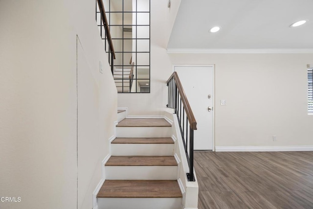 10508 Sunland Blvd Unit 4, Sunland, CA 91040 - stairway featuring wood finished floors, recessed lighting, and crown molding