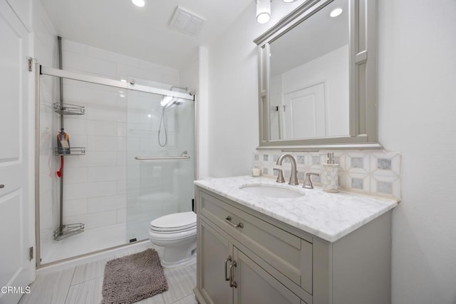 10508 Sunland Blvd Unit 4, Sunland, CA 91040 - bathroom with backsplash, visible vents, toilet, vanity, and a stall shower