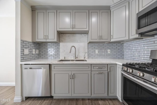 10508 Sunland Blvd Unit 4, Sunland, CA 91040 - kitchen with decorative backsplash, gray cabinets, stainless steel appliances, and a sink