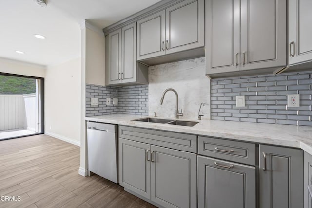 10508 Sunland Blvd Unit 4, Sunland, CA 91040 - kitchen featuring dishwashing machine, gray cabinets, ornamental molding, a sink, and baseboards