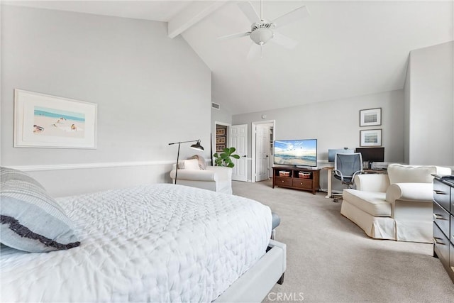 bedroom featuring ceiling fan, visible vents, light colored carpet, beam ceiling, and high vaulted ceiling