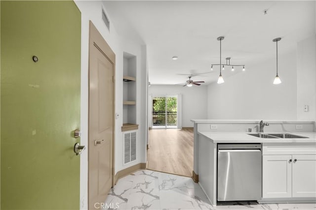 24535 Town Center Dr Unit 6309, Valencia, CA 91355 - kitchen featuring a sink, dishwasher, light marble finish flooring, a ceiling fan, and white cabinets