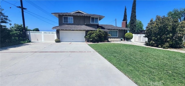 traditional-style house featuring fence, a front yard, driveway, and a garage