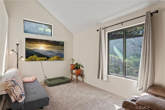 29278 Pine Dr, Cedar Glen, CA 92321 - living area with healthy amount of natural light, carpet, vaulted ceiling, and baseboards