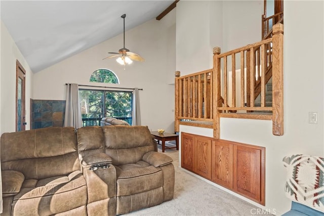29278 Pine Dr, Cedar Glen, CA 92321 - living room featuring high vaulted ceiling, light carpet, and ceiling fan