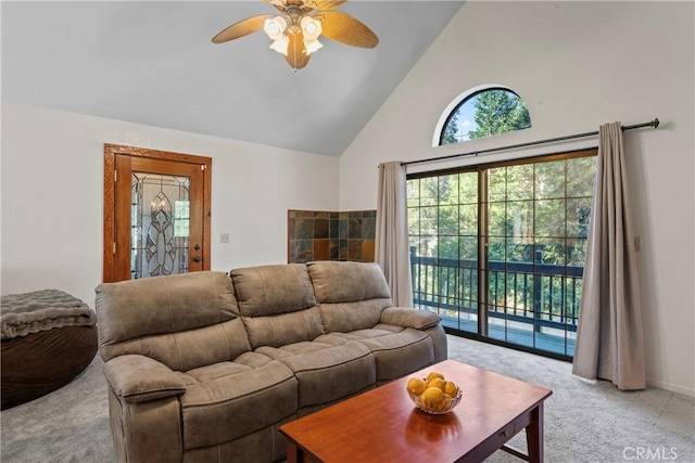 29278 Pine Dr, Cedar Glen, CA 92321 - living area with light carpet, high vaulted ceiling, and a ceiling fan
