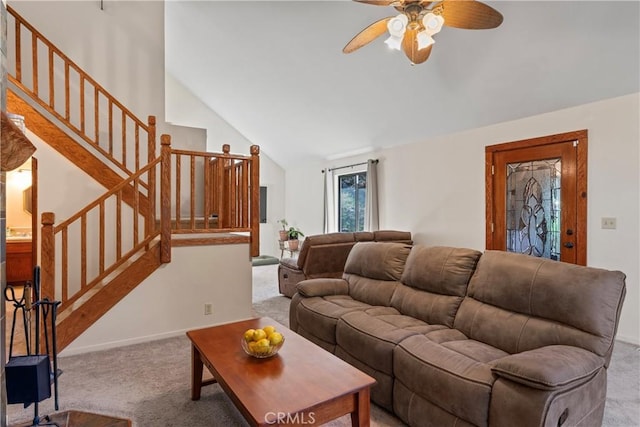 29278 Pine Dr, Cedar Glen, CA 92321 - living area featuring carpet flooring, vaulted ceiling, ceiling fan, stairway, and baseboards