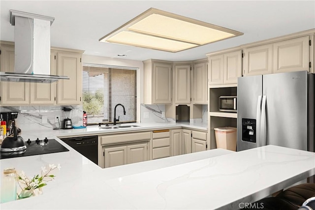 22975 Flournoy Ave, Corning, CA 96021 - kitchen featuring backsplash, a sink, wall chimney exhaust hood, black appliances, and cream cabinets
