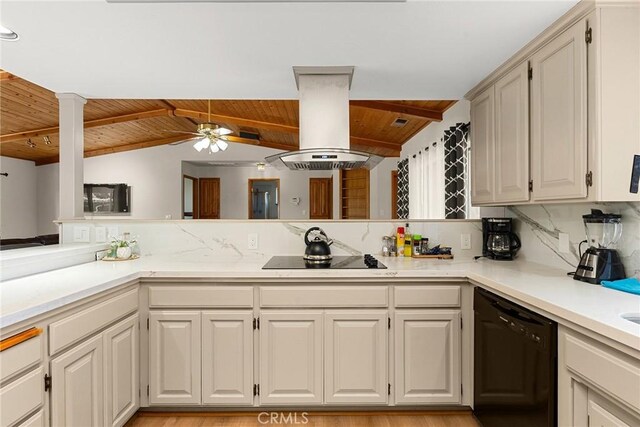 22975 Flournoy Ave, Corning, CA 96021 - kitchen featuring black appliances, wood ceiling, ceiling fan, island exhaust hood, and light countertops