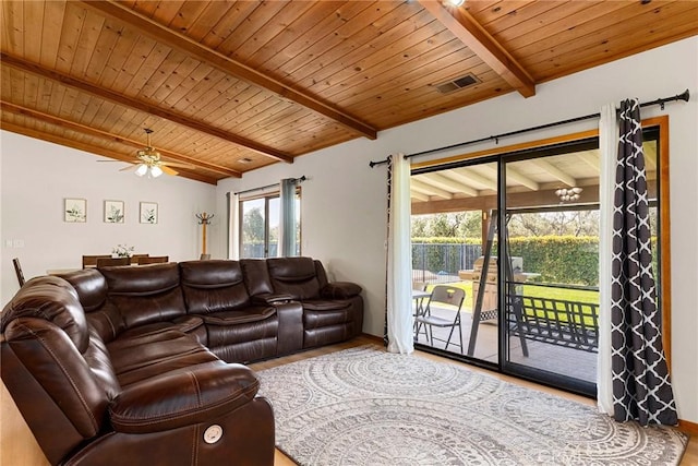 22975 Flournoy Ave, Corning, CA 96021 - living area featuring a ceiling fan, wood finished floors, vaulted ceiling with beams, wood ceiling, and visible vents
